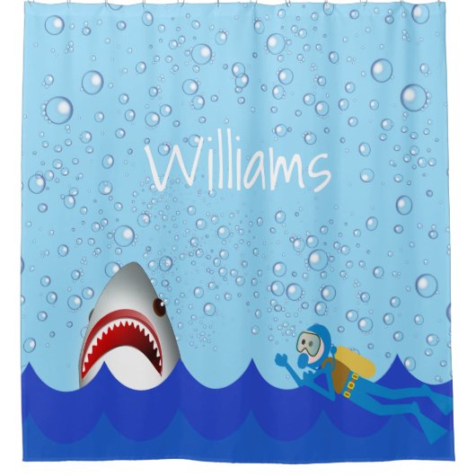 ザメの下に咲く青いダイバーの名前 シャワーカーテン (正面)