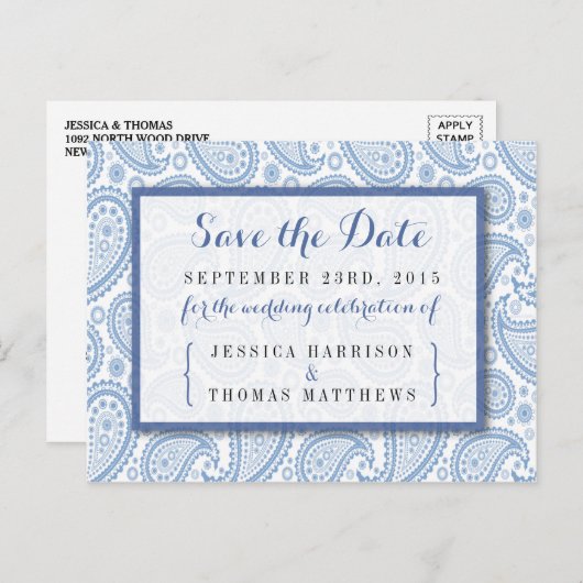 ザモダンペイズリー結婚ズコレクション – 青 案内ポストカード (正面/裏面)