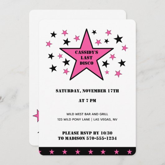 ザラストディスコ女性のカーボーイバチェロレッテ 招待状 (正面/裏面)