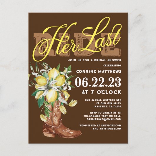ザラストライド女性のカーボーイブーツレモンブライダルシャワー ポストカード (正面)