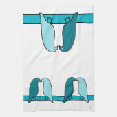 ザラバードズインアクアとティール(緑がかった色)オンホワイト キッチンタオル (縦)