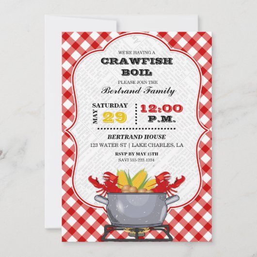 ザリガニの煮込み鍋 赤チェックのギンガム 招待状 (正面)