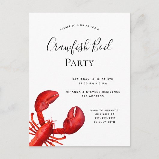 ザリガニはパーティー赤ロブスター白を煮る インビテーションポストカード (正面)