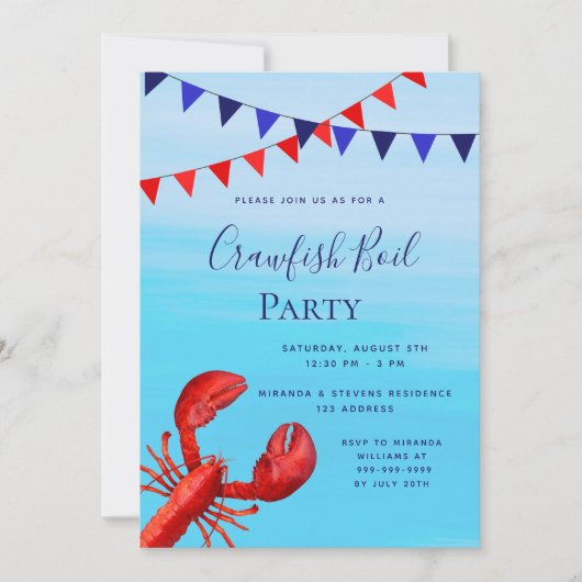 ザリガニはパーティー赤ロブスター青い海ビーチを煮る 招待状 (正面)