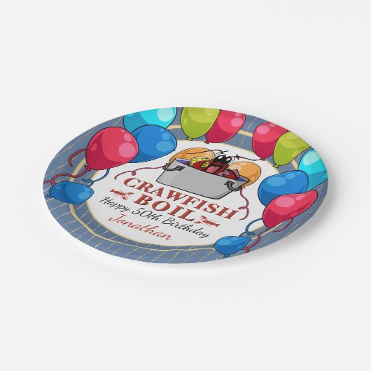 ザリガニ魚介類の沸騰ブルー金ゴールド誕生日パーティー ペーパープレート (アングル)
