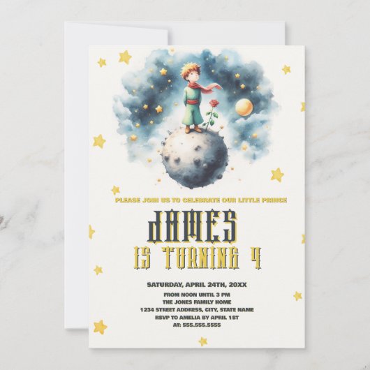 ザリトルプリンスウォーターカラー誕生日 招待状 (正面)