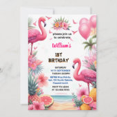 ザルアウ(ハワイ式宴会)フライピンクフラミンゴプールパーティー1歳 招待状 (正面)