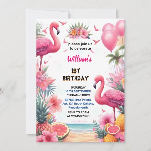 ザルアウ（ハワイ式宴会）フライピンクフラミンゴプールパーティー1歳 招待状 (正面)