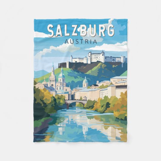 ザルツブルクオーストリアトラベルアートヴィンテージ フリースブランケット (正面)