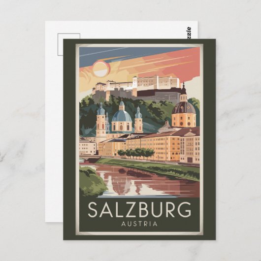 ザルツブルグオーストリアイラストレーショントラベルアートヴィンテージ ポストカード (正面/裏面)