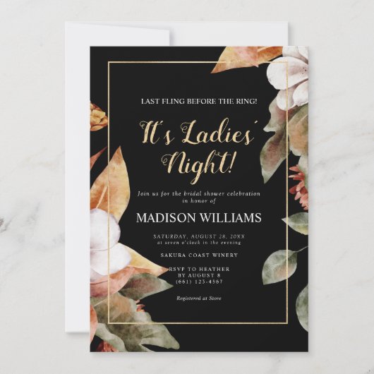 ザレディースナイトブラックモダン金ゴールドブライダルシャワー 招待状 (正面)