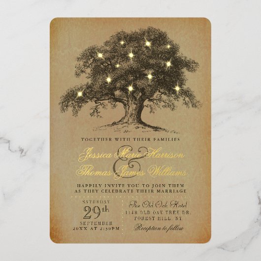 ザヴィンテージオールドオーク結婚ツリーズコレク実在ション 箔招待状 (正面)