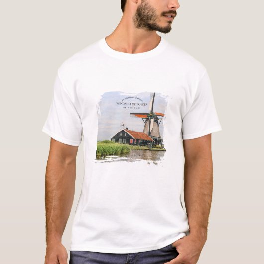 ザーンセ・スカンスの風車水彩画 オランダの伝統 Tシャツ (正面)