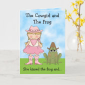 ザ女性のカーボーイとカエルの馬誕生日 カード (黄色い花)