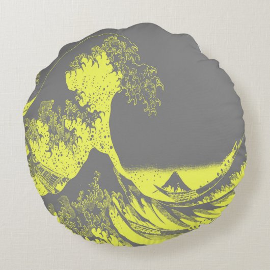 ザ素晴らしウェーブイエロー&グレー丸い枕 ラウンドクッション (裏面)