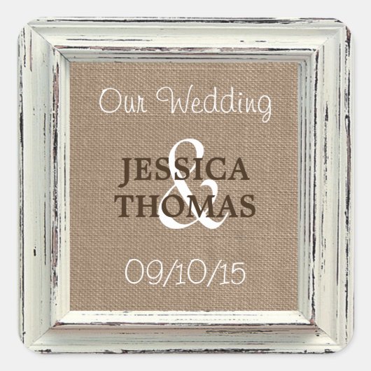 ザ素朴ホワイトフレーム&バーラップ結婚のコレクション スクエアシール (正面)