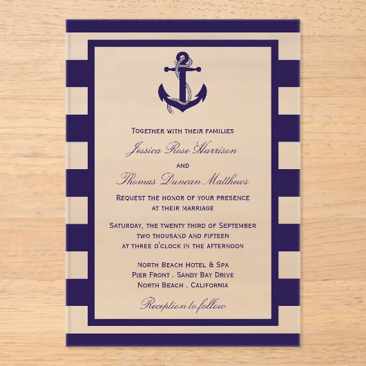ザ航海のいかりネイビーストライプズ結婚コレクション アクリル招待状 (正面)