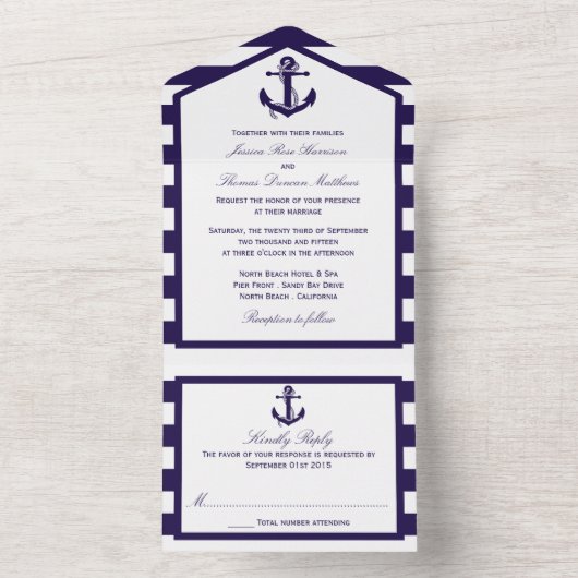 ザ航海のいかりネイビーストライプズ結婚コレクション オールインワン招待状 (内側)