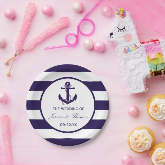 ザ航海のいかりネイビーストライプズ結婚コレクション ペーパープレート (パーティー)
