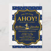 ザ航海のいかりネイビー&金ゴールドストライプベビー誕生日 招待状 (正面)