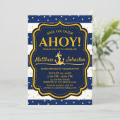 ザ航海のいかりネイビー&金ゴールドストライプベビー誕生日 招待状 (スタンド正面)