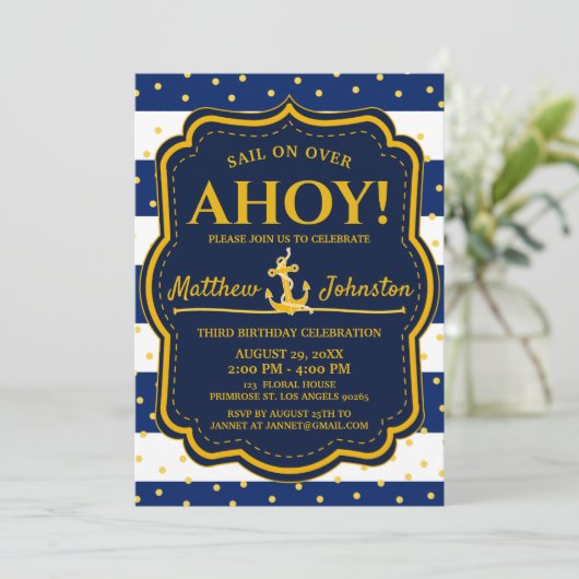 ザ航海のいかりネイビー&金ゴールドストライプベビー誕生日 招待状 (スタンド正面)