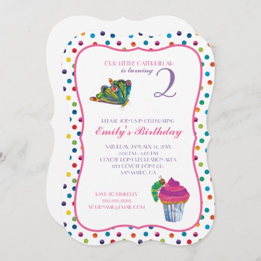ザ非常に空腹なキャタピラーバタフライ誕生日 招待状 (正面/裏面)