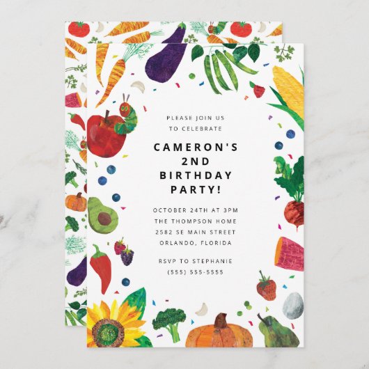 ザ非常に空腹のキャタピラーフルーツ誕生日 招待状 (正面/裏面)