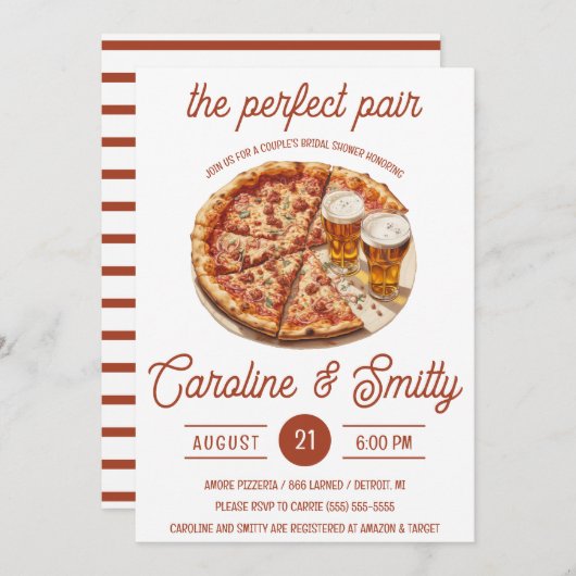 ザ・パーフェクトペアピザ&ビールカップルブライダルシャワー 招待状 (正面/裏面)