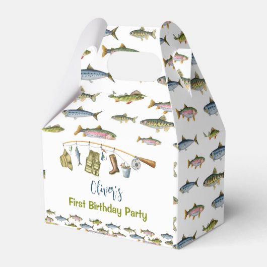 ザ・ビッグ・ワン魚釣り誕生日パーティーの好意ボックス フェイバーボックス (正面サイド)