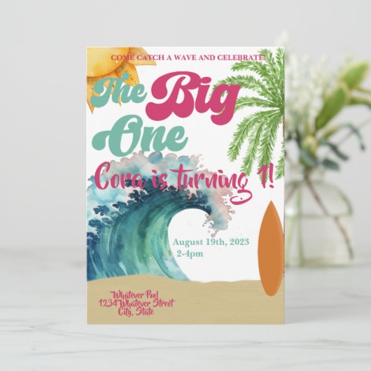ザ・ビッグ・ワン・サーフをテーマにした誕生日パーティー 招待状 (スタンド正面)