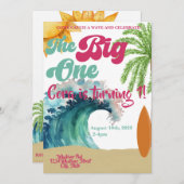 ザ・ビッグ・ワン・サーフをテーマにした誕生日パーティー 招待状 (正面/裏面)