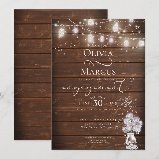 ザ・ベアフット・ブライド™ ラスティック メイソンジャー ストリング ライト 招待状 (正面/裏面)