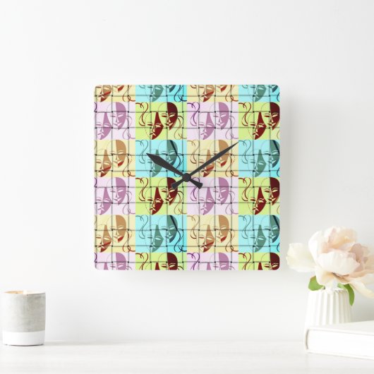 シアターマスクポップ・アートのアートウォールクロック スクエア壁時計 (ホーム)