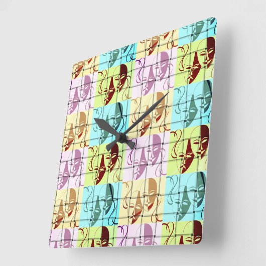 シアターマスクポップ・アートのアートウォールクロック スクエア壁時計 (傾斜)