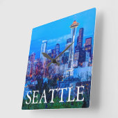 シアトルすごいスカイラインの近くで月が昇る スクエア壁時計 (傾斜)