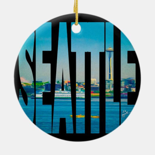 シアトルのスカイラインのタイポグラフィのモダンな写真の休日 セラミックオーナメント (裏面)