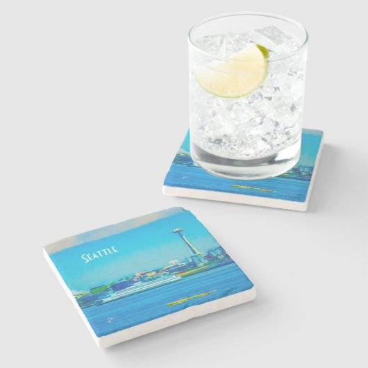 シアトルのスカイラインのモダンな水彩画の写真撮影 ストーンコースター (横)