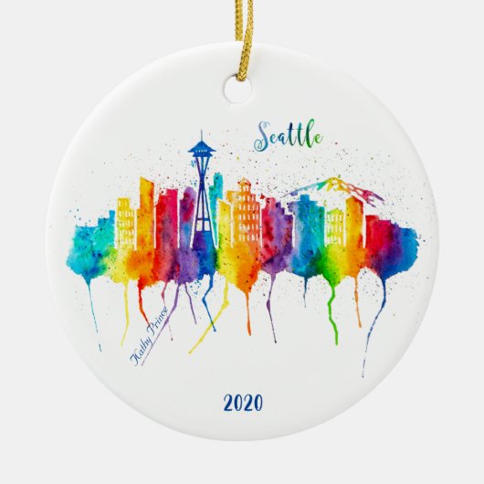 シアトルの水彩装飾クリスマス セラミックオーナメント (正面)