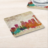 シアトルのWA|の水彩画都市スカイライン スクエアペーパーコースター (アングル)