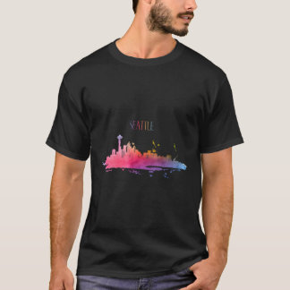 シアトルスカイラインウォーターカラーサマーニーワシントン Tシャツ
