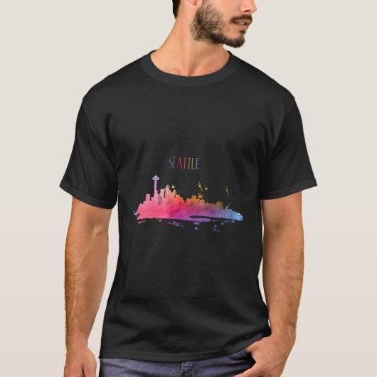 シアトルスカイラインウォーターカラーサマーニーワシントン Tシャツ (正面)