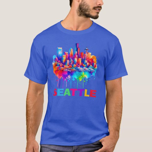 シアトルスカイラインカラフルデザイン Tシャツ (正面)