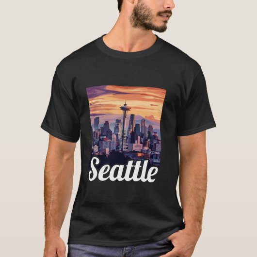 シアトルスカイラインシティスケープon sunset Seattle Washin Tシャツ (正面)