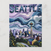 シアトルスカイラインバンゴッホスタイルヴィンテージトラベルアート ポストカード (正面)