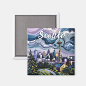 シアトルスカイラインバンゴッホスタイルヴィンテージトラベルアート マグネット (正面/裏面)