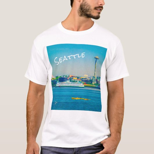 シアトルスカイラインモダンウォーターカラーアート Tシャツ (正面)