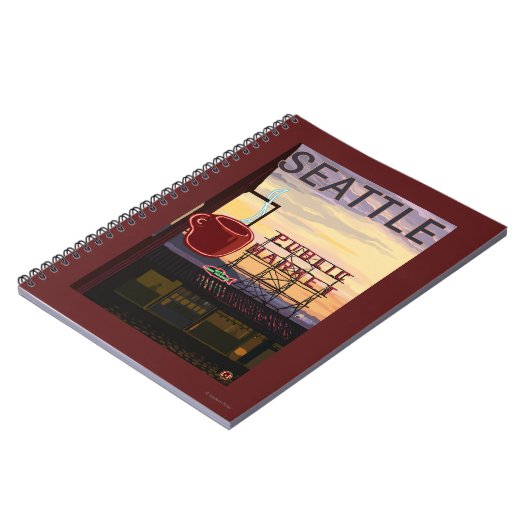 シアトルパイクプレイスマーケットサインアンドウォータービュー ノートブック (左側)