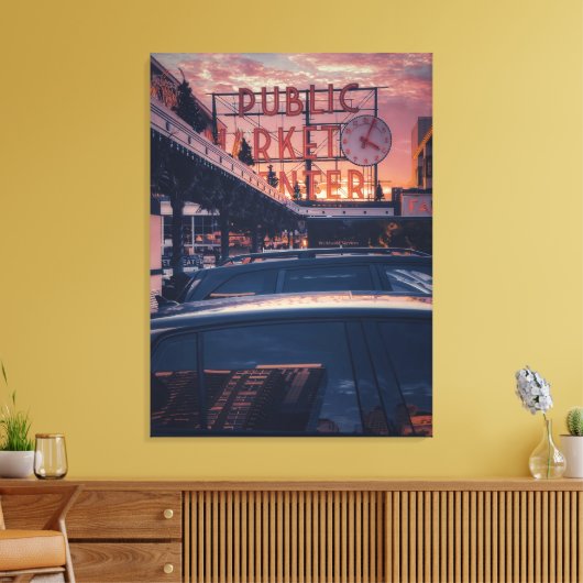シアトルパイクマーケットセンターアットサンセット キャンバスプリント (インサイチュ (リビング))