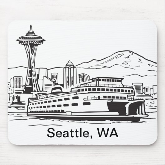 シアトルフェリーとスカイライン ワシントン州ラインアート マウスパッド (正面)